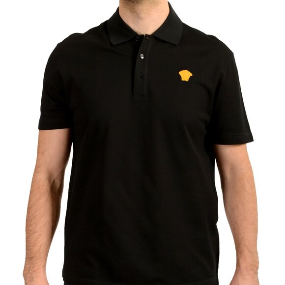 Versace Men's Black Gold Logo Embroidery Black Polo Shirt US S IT 48 - Picture 1 of 5